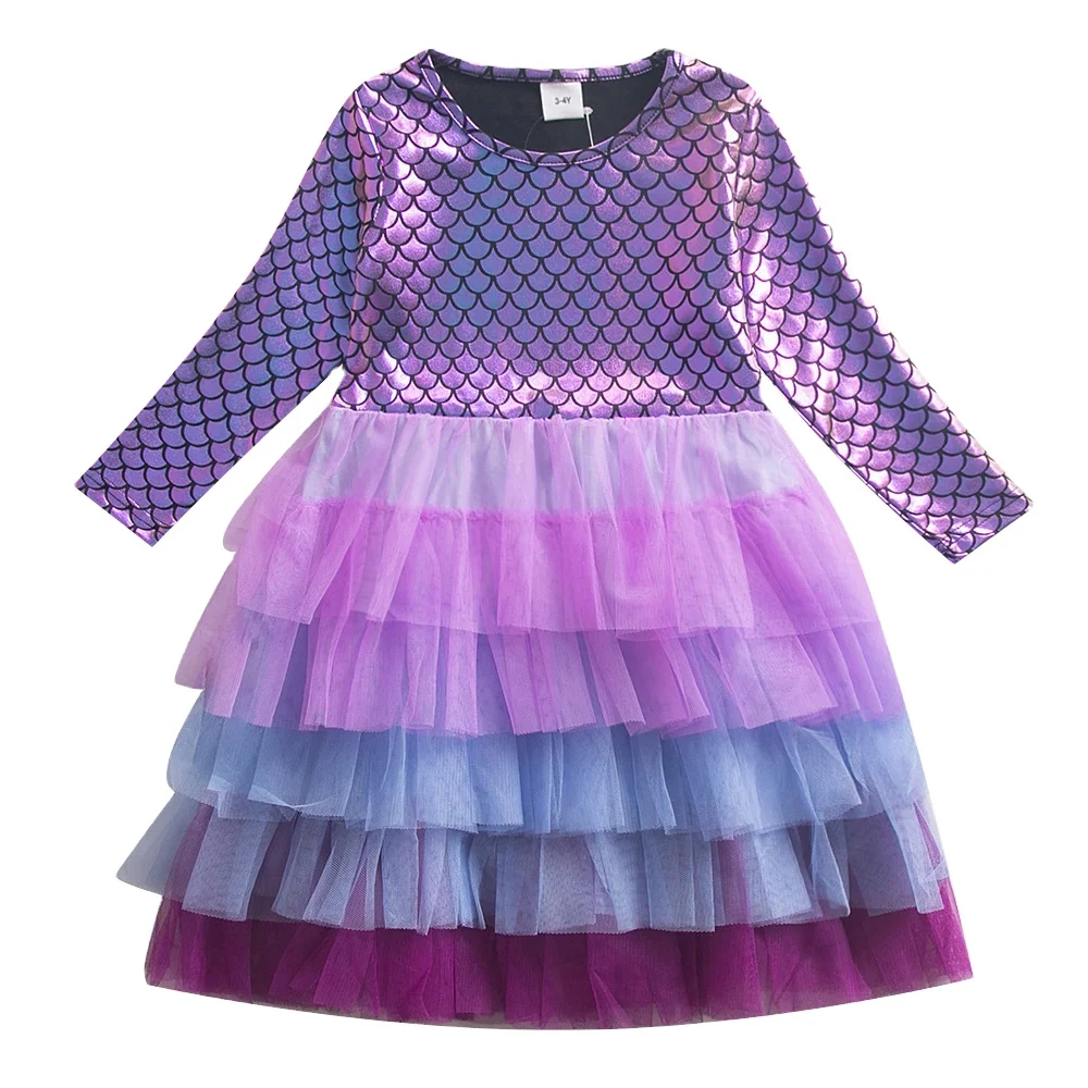 Long Sleeve Kids Party Clothes Halloween Mermaid Costume Party Rainbow Princess Dress for Little Girls