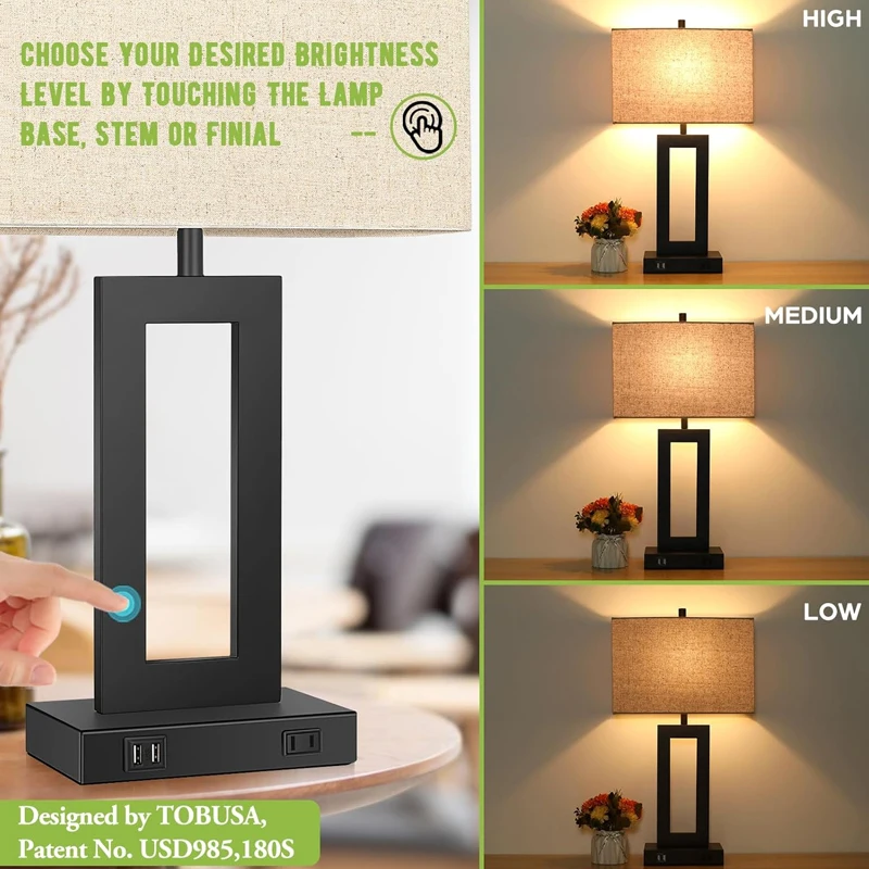2 USB Ports 3-Way Dimmable Modern Bedside Table Lamp Set Cream Fabric Lampshade Touch Desk Lamp Bedroom Living Room Reading