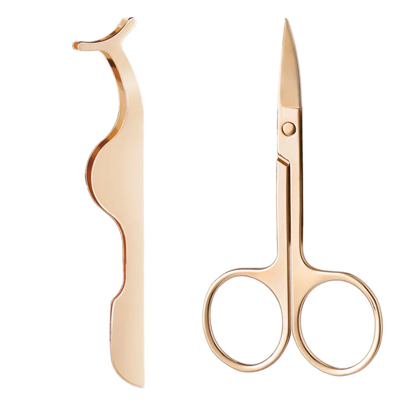 Custom logo 2-pieces Rose Gold Stainless Steel eyelash extension applicator Eyebrow scissor eyelash Tweezers set