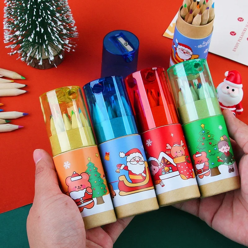 New Arrivals Children Cute Christmas Colored Lead 12 Color Pencils Student Stationery With Pencil Sharpener