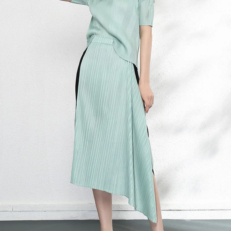 New polyester fabric two-color stitching slit irregular pleatedskirt