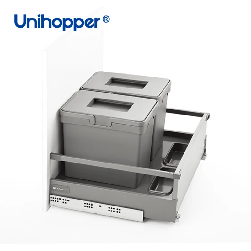 Unihopper Pull Out Trash Can Rubbish Rectangular Plastic Dustbins Recycling Built-In Waste Bin for Kitchen Cabinet