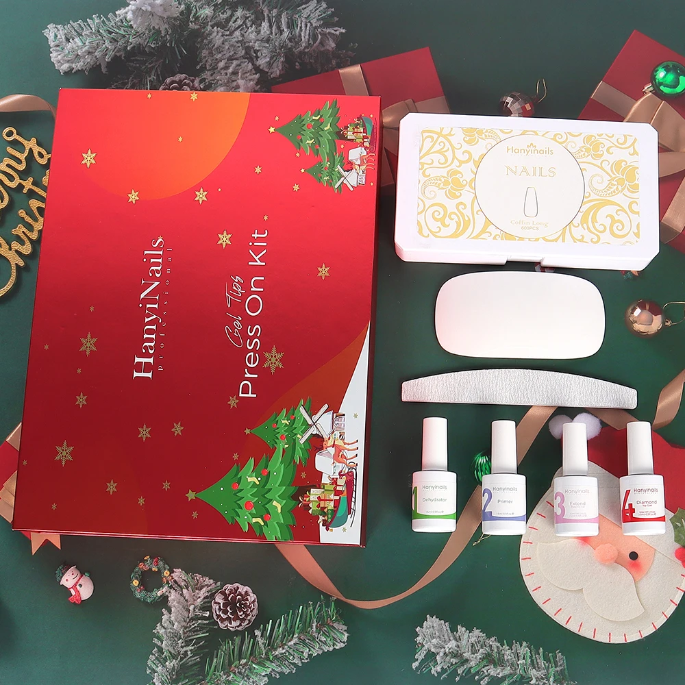 Red Packing Christmas Top Coat Gel Tips Kit with Mini UV Lamp Private Label Manicure Tools Set Nail Gel Gift Set Design Finger