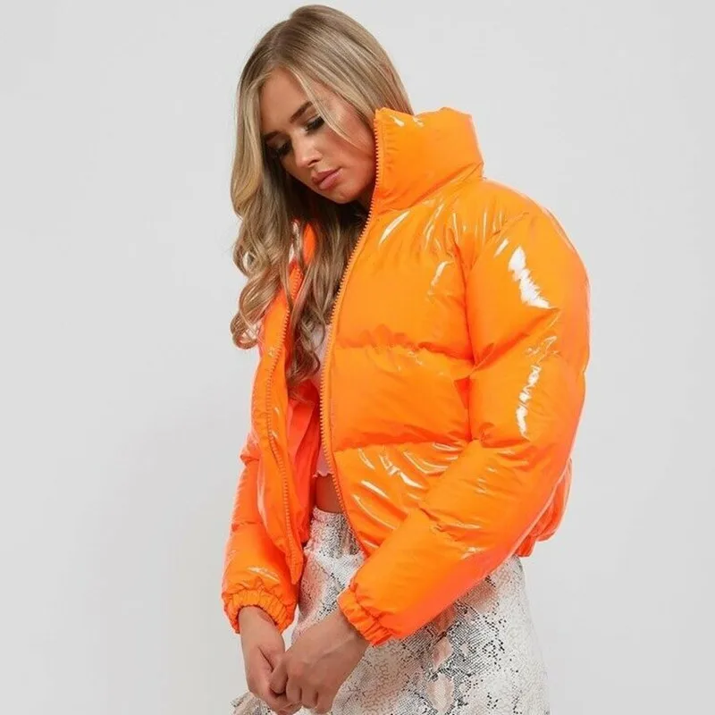stock 2021 new glossy PU leather bread cropped long sleeve zipped Bubble winter coat down puffer jacket for