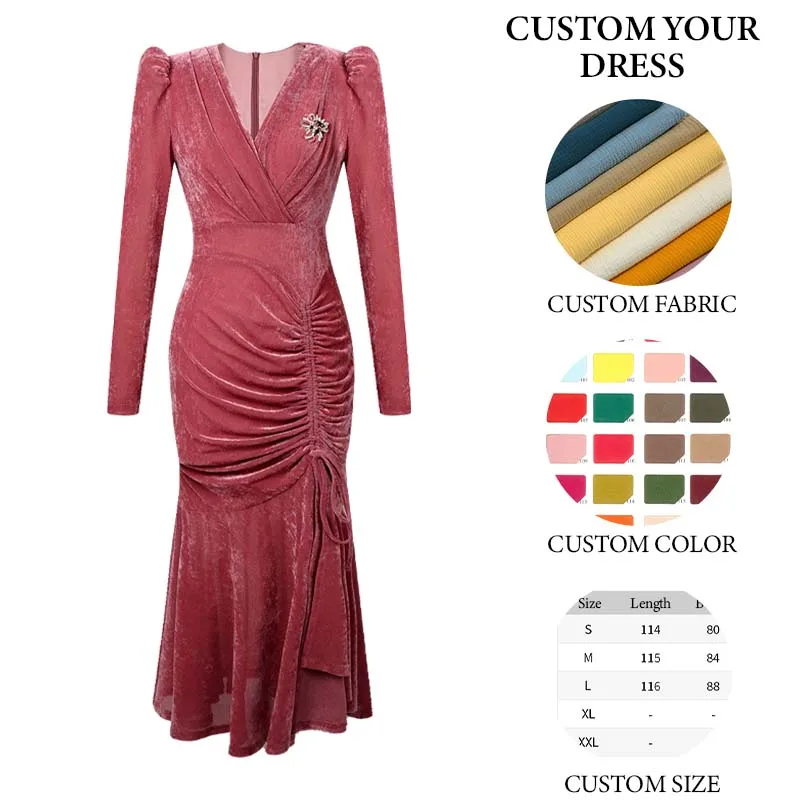 ZYHT 30995 Wholesale Ruched Split Sexy Christmas Gowns For Ladies Evening Dresses Long Sleeve Velvet Pink Women Winter Clothes