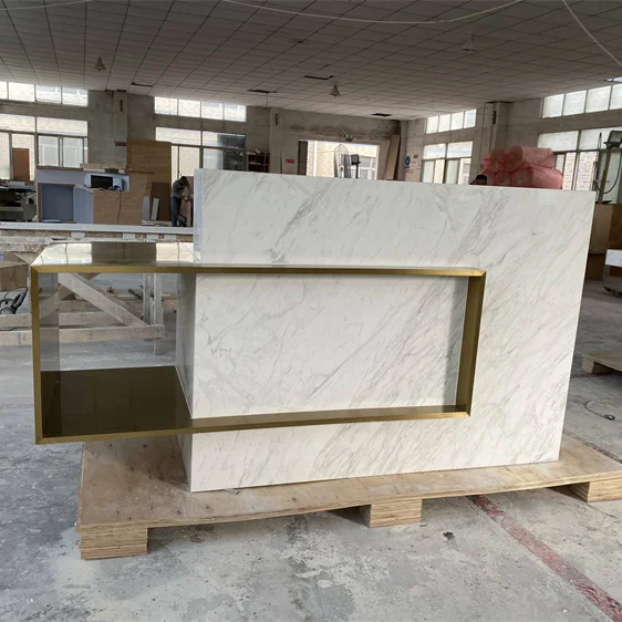White Marble Stone Spa Center Reception Desk Gold Stainless Steel Reception Counter with Cable Hole