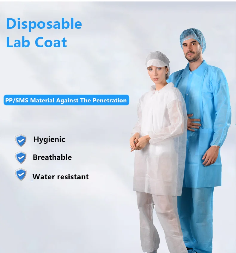Unisex Disposable Hospital Gowns PP Woven Fabric Surgical Lab Coat and Visitor Coats for Visitors and Lab Technicians