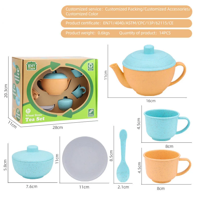 Leemook new 14 pcs wheat straw toy organic material recycled plastic kids tea set toy