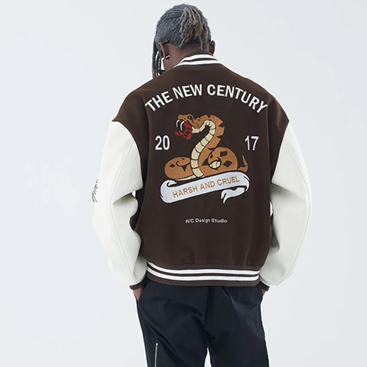 Varsity thick embroidery woolen quality brown college coat custom leather baseball factory bomber jackets for men