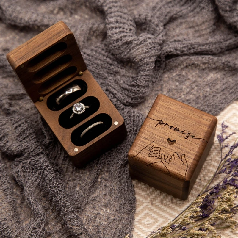 Factory Wholesale Gifts Wood Personalise Triple Flip Weeding Handmade Walnut Small Design Modern Wooden Ring Box