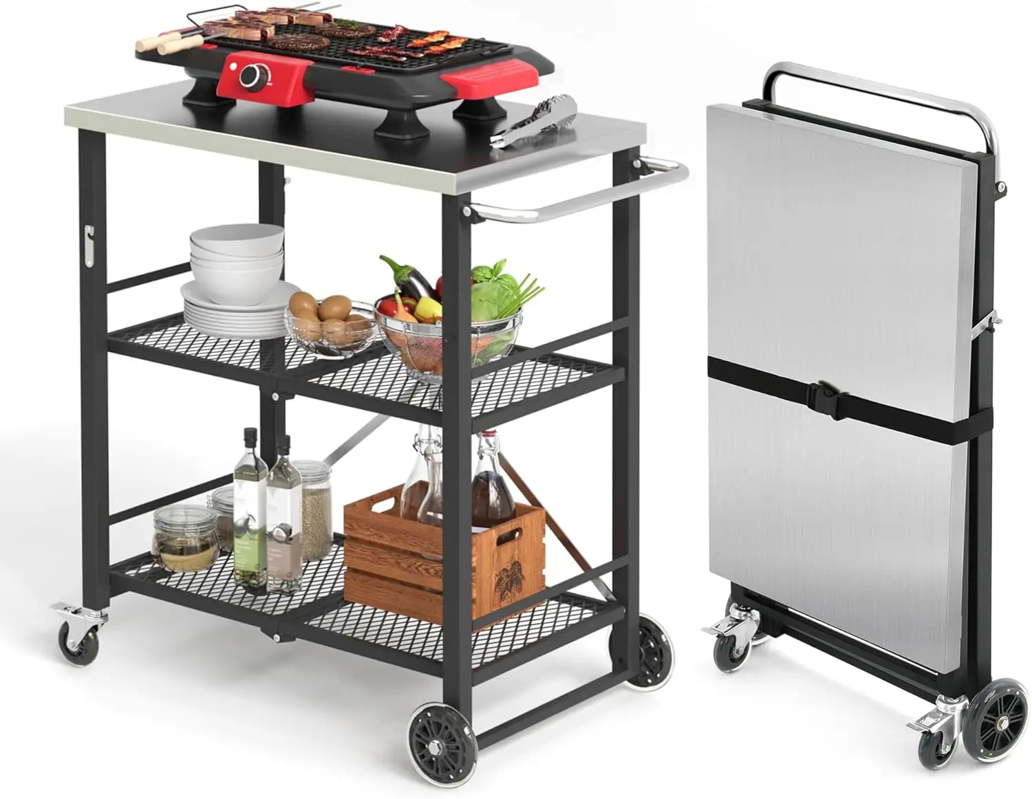 Foldable Outdoor Grill Cart Stainless Steel Pizza Oven Stand Rolling BBQ Table Folding Kitchen Island