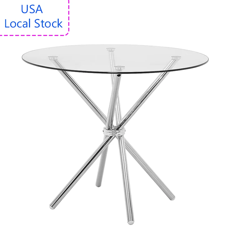 
Dining Table Modern Kitchen and Dining Table with Round Glass Top and Stainless Steel Base 