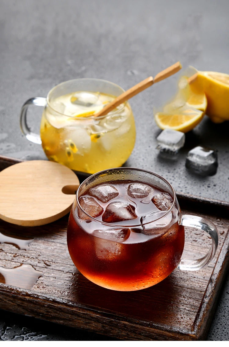 heat resistant high borosilicate glass cup clear tea mug with wood lid and spoon