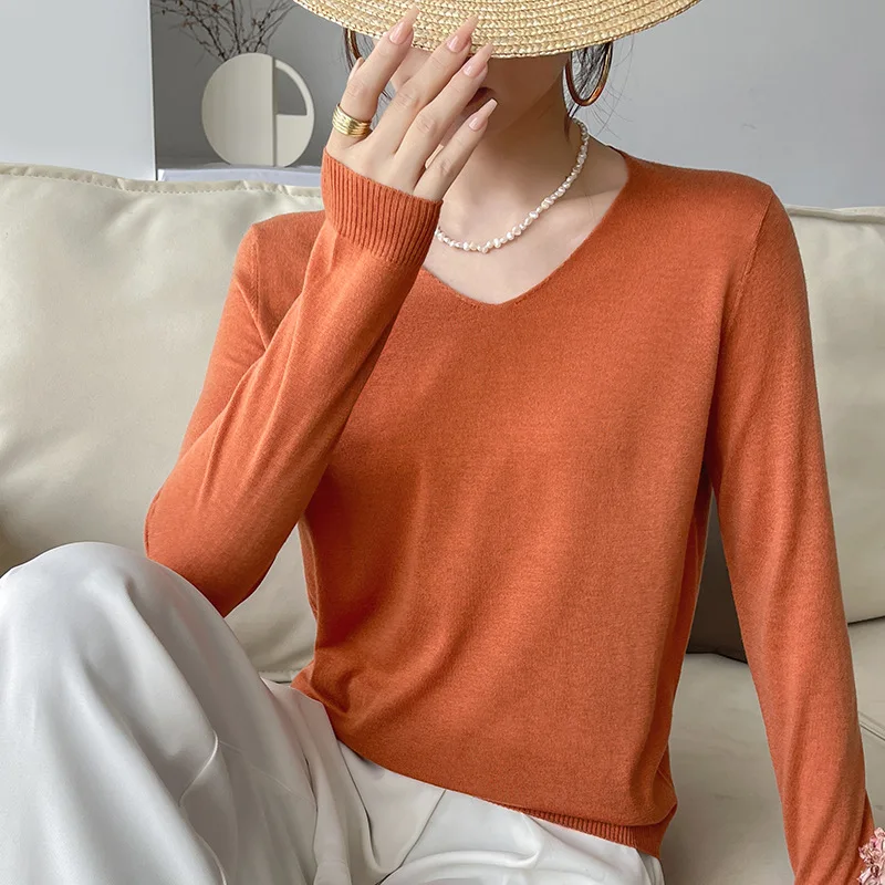 Autumn and Winter Thin Basic Simple and Versatile Solid Color V-neck Pullover Long-Sleeve Wool Sweater for Women