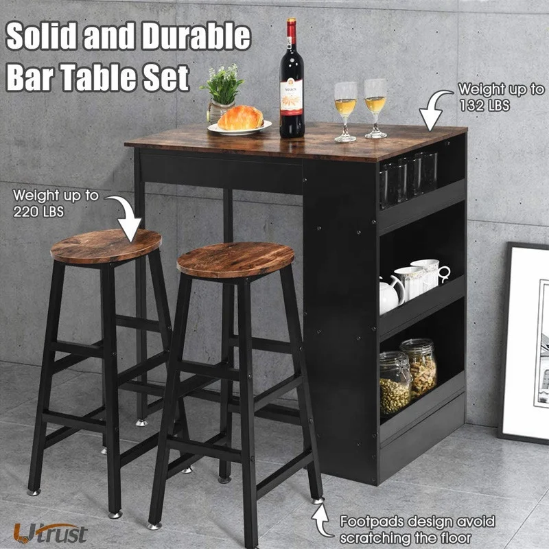Luxury fancy strong bar table set with high back chairs table bar caffe set funiture  wood high bar counter table sets modern