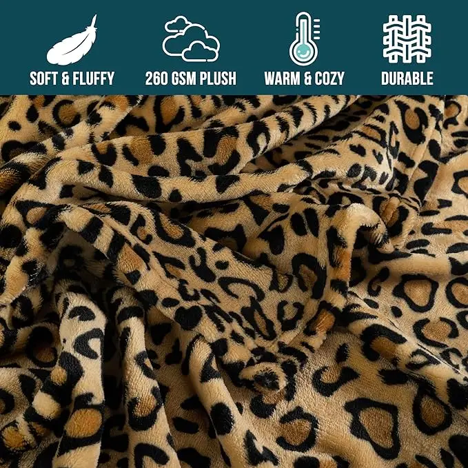 Leopard Print Blanket Fleece Throw Blanket for Bed Sofa Travel and Camping Soft Cozy Fluffy Plush Blanket 50 by 60inch