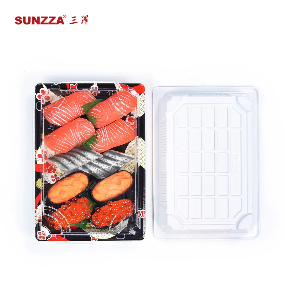 Sunzza dongguan factory wholesale disposable Japanese beautiful red design restaurant food packaging  plastic boxes sushi