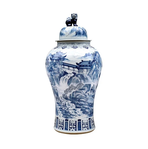 Hand Painted Blue and White Landscape Large Antique Chinese Porcelain Jar temple jar ginger jars luxury Jingdezhen Ceramic