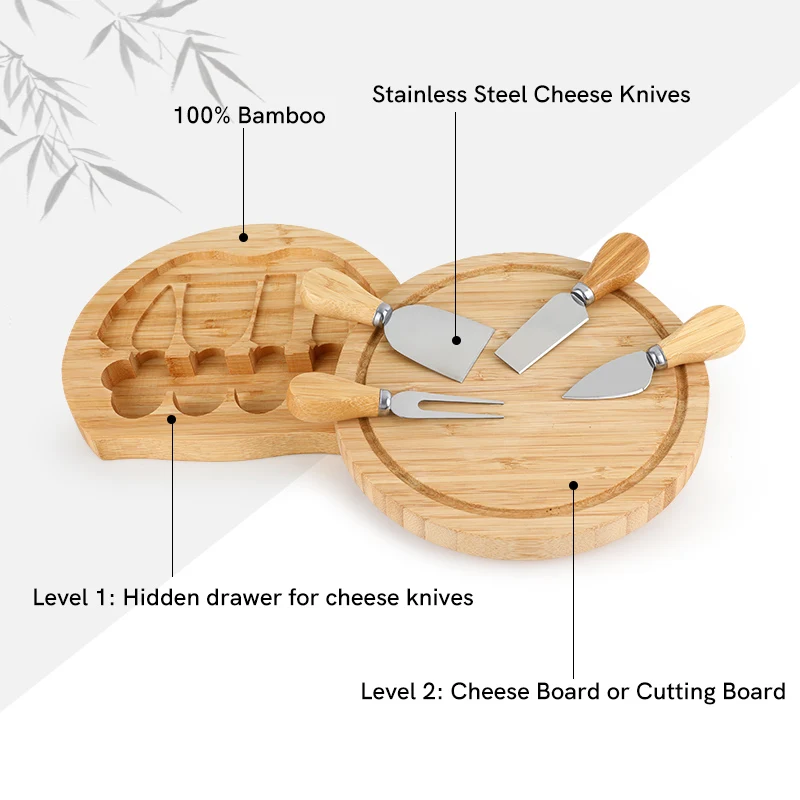 Custom Wood Chopping Cheese Boards Set With Cheese Knife And Fork Circular cheese board bamboo Wood Cutting Boards Wholesale