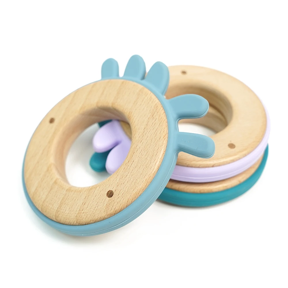 Silicone Baby Teether Wood Ring Teething Toys Bpa Free Silicone Baby Teethers Wooden Baby Teether Chewing Teething