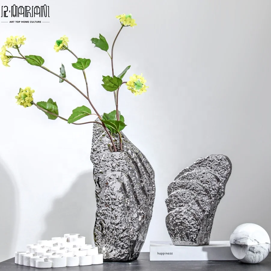 New Rockery Design Trending Home Decor Art Shiny Silver White Ceramic And Porcelain Vases