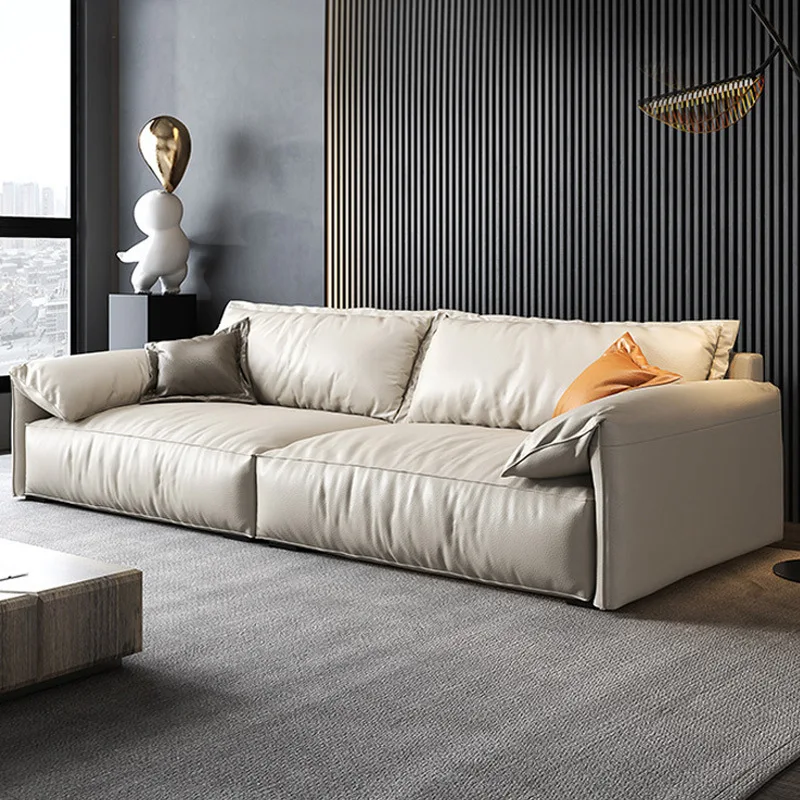 Italian minimalist cowhide sofa furniture set modern light luxury leather art living room L-shaped sofa elephant ear sofa set