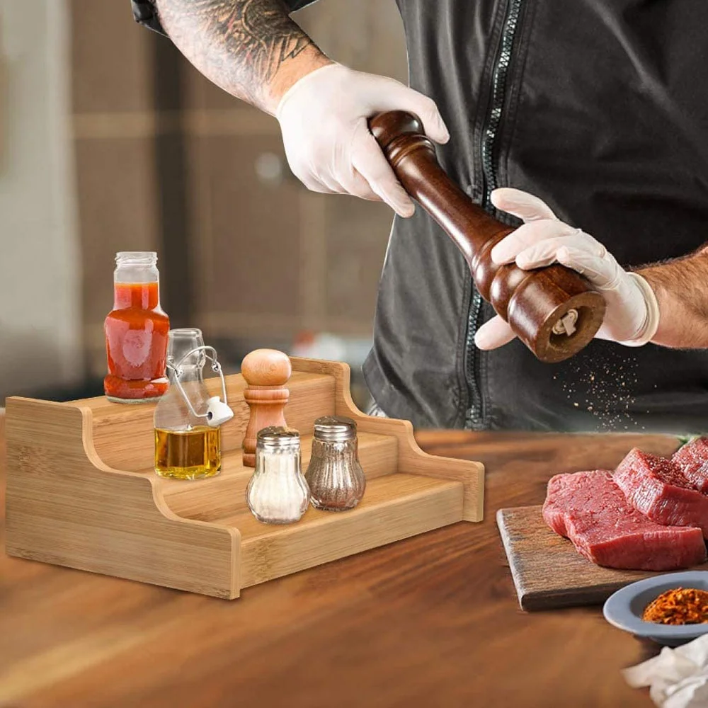 Expandable kitchen organizer rack cabinet accessories free-standing bamboo 3 tier seasoning holder wooden spice rack