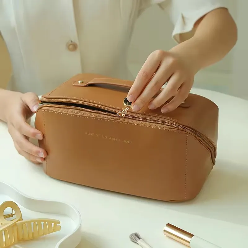 Wholesale Custom Beauty Pouch Pu Leather Open Flat Wash Bag Cosmetic Pillow Makeup Storage Travel Toiletry Bag