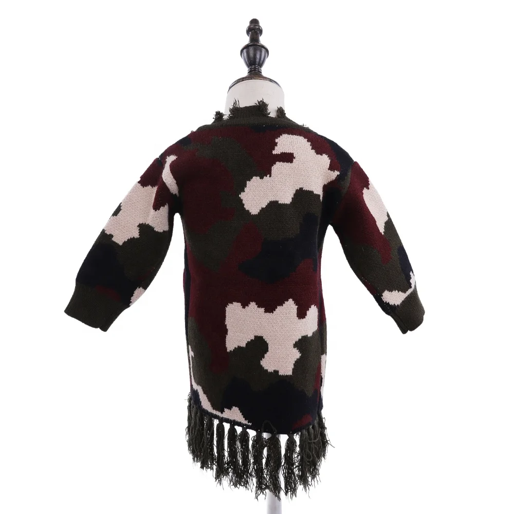
New arrival kids long new style camo distressed fringed thermal cardigan 