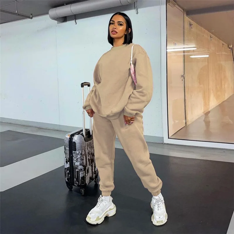 W-C-1225A Winter Women Solid Loose Pullover Tracksuit Outfit Thick Two Piece Crewneck Oversized Hoodie Sweatshirt and Pants Set