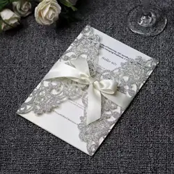 Laser Cut Wedding Invitations Cards Pearl Paper Inner Wedding Greeting Card with Ribbon Event Party Supplies
