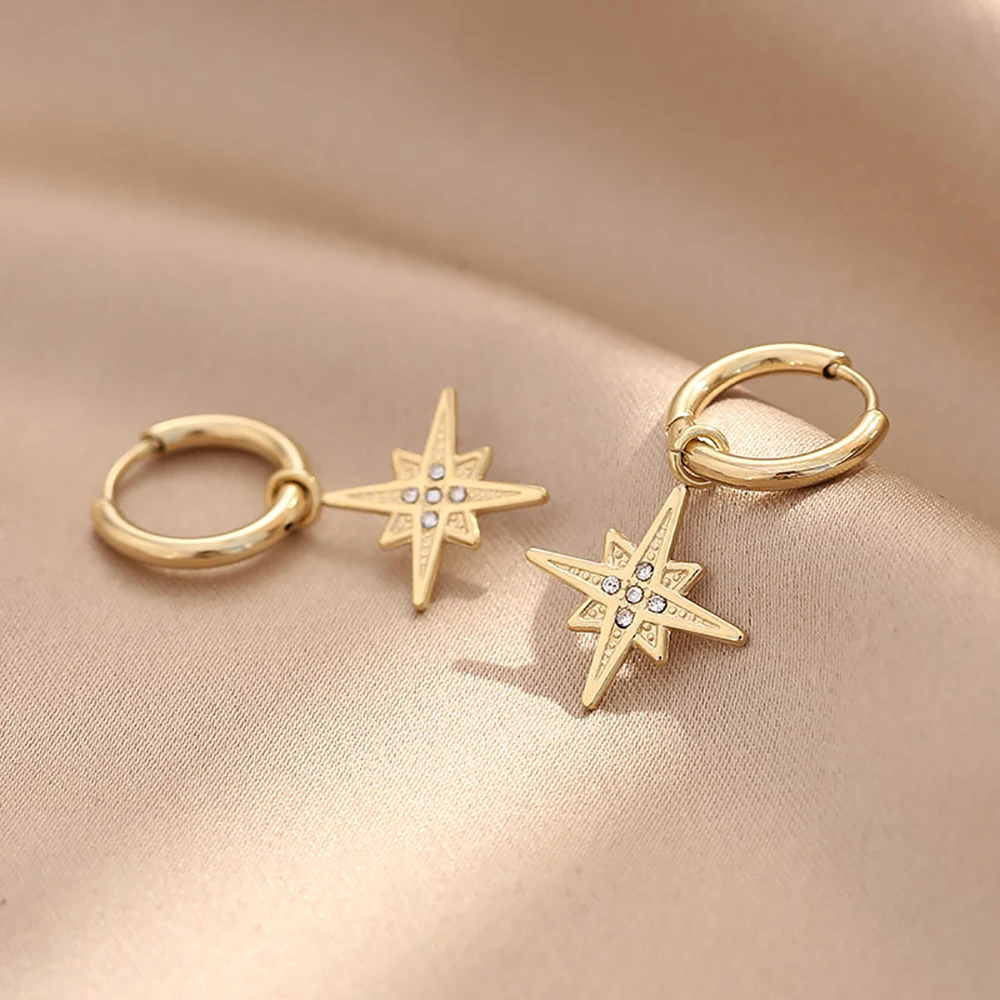 Gold Plated Stars Earring Hoops, Star Earrings Gold Plated Dangle Earrings Star
