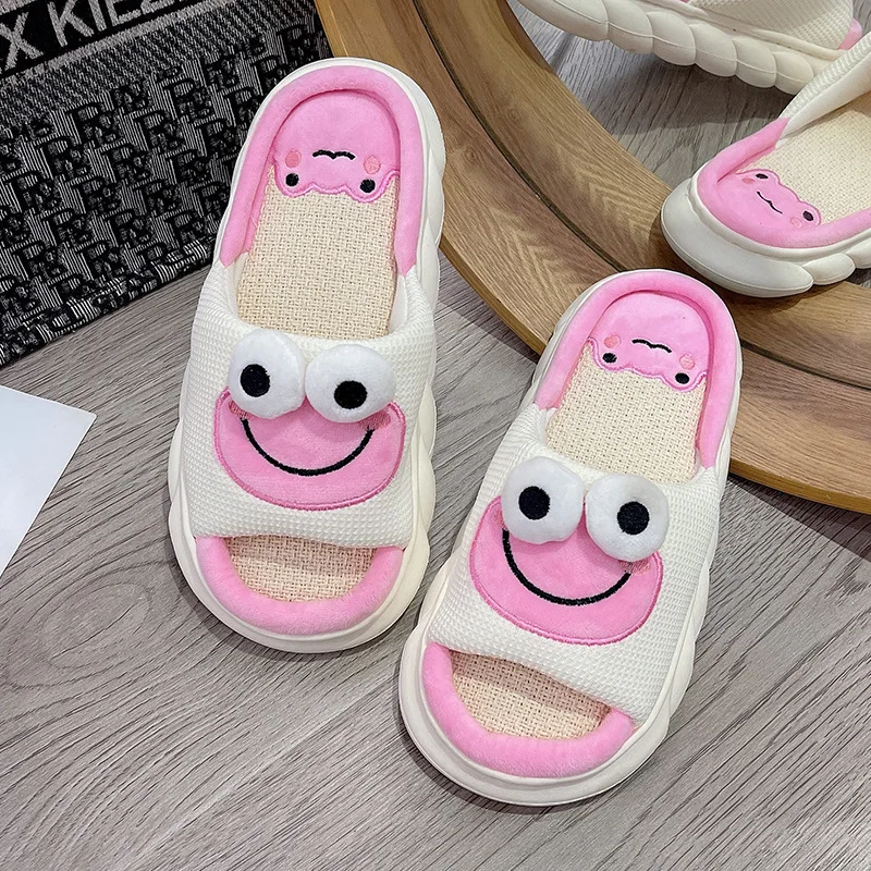 Wholesale Cute Frog Linen Drag Ladies non-slip indoor and Outdoor Slippers Home Absorbent Breathable Silent Slippers