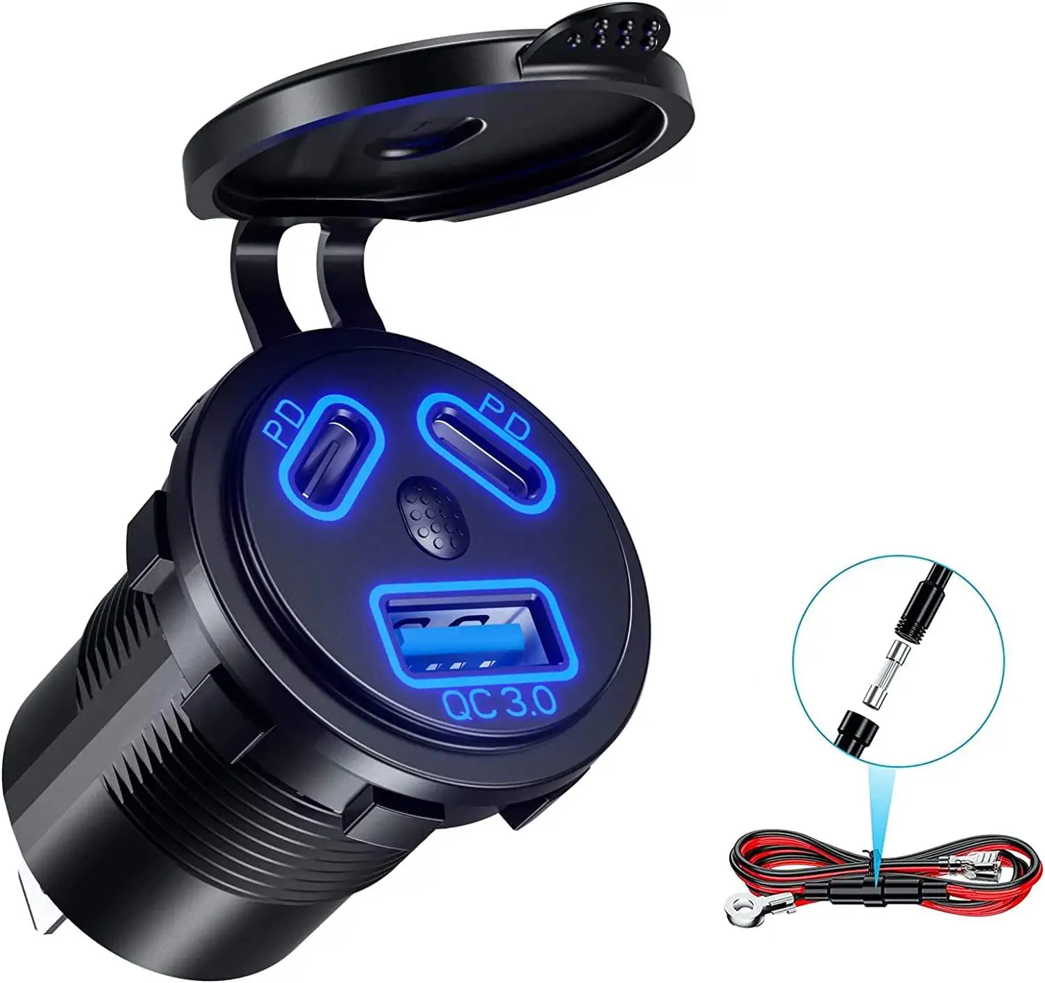 3 Ports On Off Button Switch Car Charger Socket Dual Type USB C Port QC 3.0 USB Car Charger For CAR