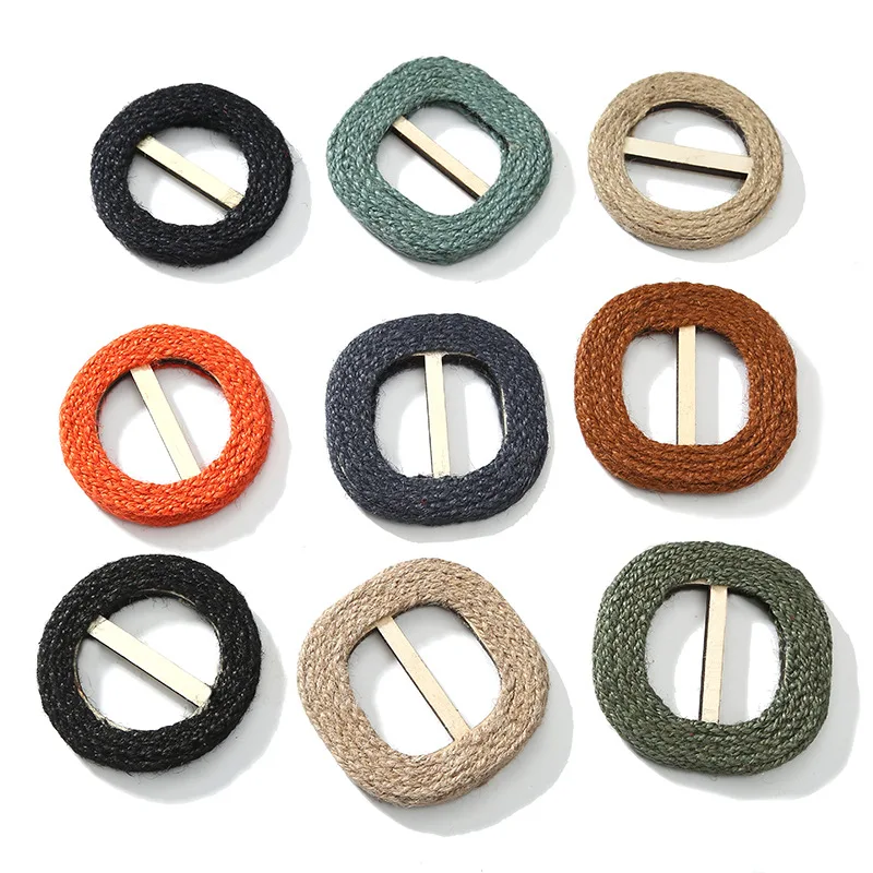 Creative dyeing colors rattan straw round buckle handmade wooden rattan woven square belt buckle