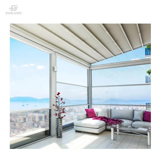 Remote controlled motorized Vertical sliding guillotine aluminum window for glass balcony