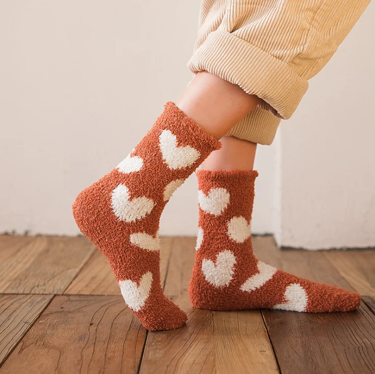 Зимние женские бархатные носки кораллового цвета в форме сердца теплые носки для сна