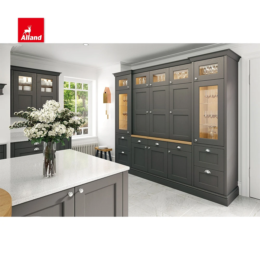 AllandCabinet Customized Grey Lacquer MDF Painted Nature Wood Shaker Recessed Raised Kitchen Cabinet with Island Glass Door