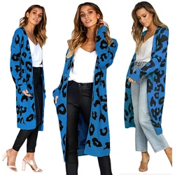 Wholesale Fashion Custom Midi Loose Leopard Print Women Cadigan Outwear Open Knitted Sweater Long Cardigans