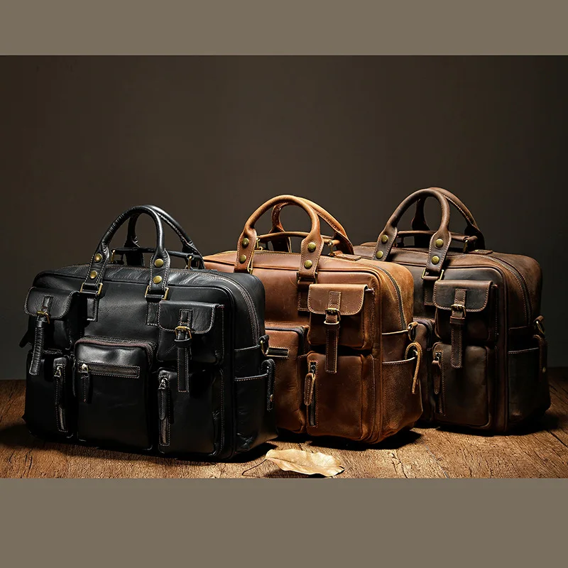 2024 New 18 Inch Vintage Handmade Office Laptop Briefcase Crossbody Bags Mens Satchel Genuine Leather Messenger Bag Men