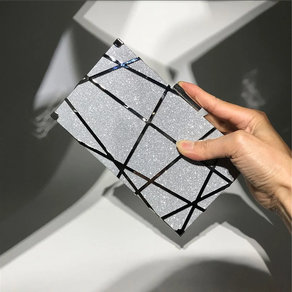 Amiqi HM31 Fashion Metal Frame Shiny Glitter Bag Geometric Box Wedding Bridal Party Messenger Bags Clutch Evening Purse
