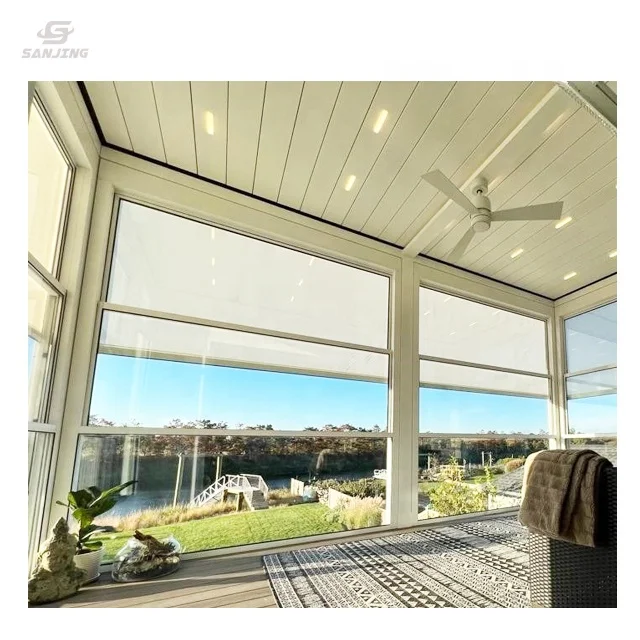 Remote controlled motorized Vertical sliding guillotine aluminum window for glass balcony