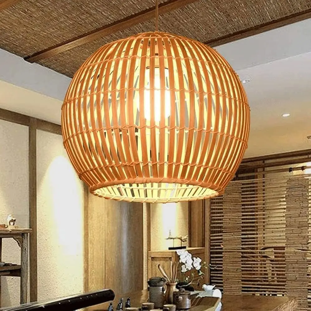 Crayom Round Bamboo Woven Chandelier Wooden Rattan Wicker Lampshade E27 Lamp Holder Adjustable Lamps