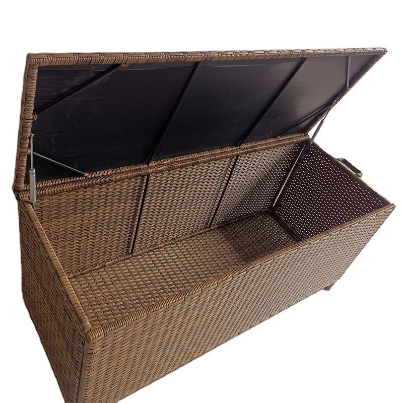 Wicker Storage Bin Metal Frame Rattan Deck Box For Indoor Or Outdoor Garden Organizer With Wheel