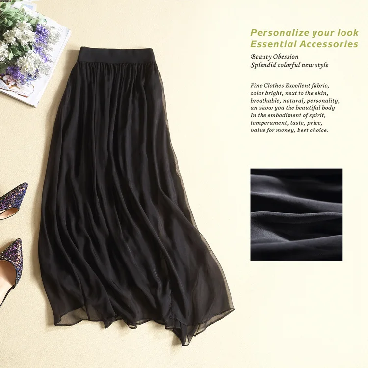 
Bright Silk Skirt Spring Autumn Ladies Long Solid Color Simple Pleated Skirt Long Maxi Elastic Waist skirts 