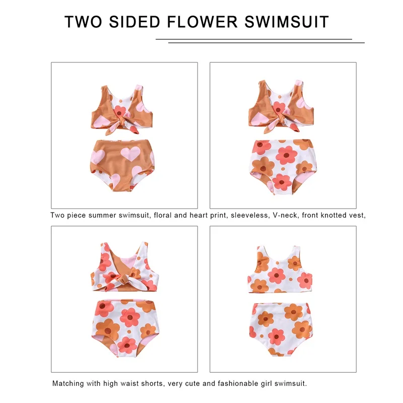 2023 Summer Toddler Kid Swimsuit Two Pieces Top Briefs Bikini Sets Heart Floral Printed Reversible Baby Girl Swimwear Beachwear