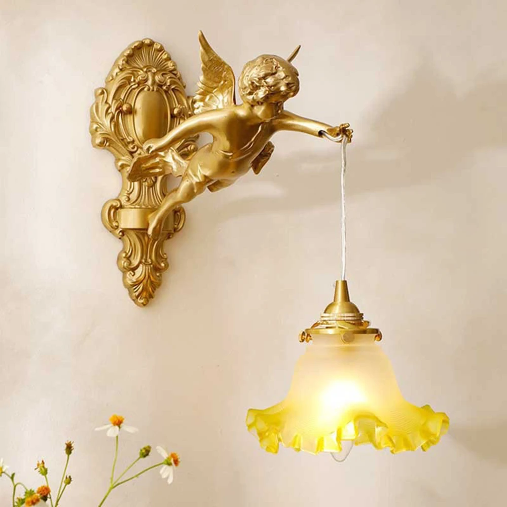 Retro french brass wall lamp hotel bedroom aisle staircase wall angel crystal decorative light background wall copper light