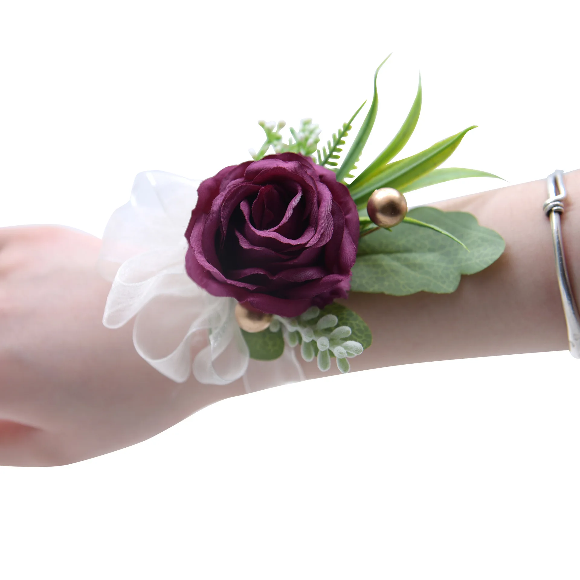 Bridal Wrist Corsage Wedding Bracelet For Bridesmaid Party Prom Ribbon Bracelet Artificial Roses Wrist Flowers