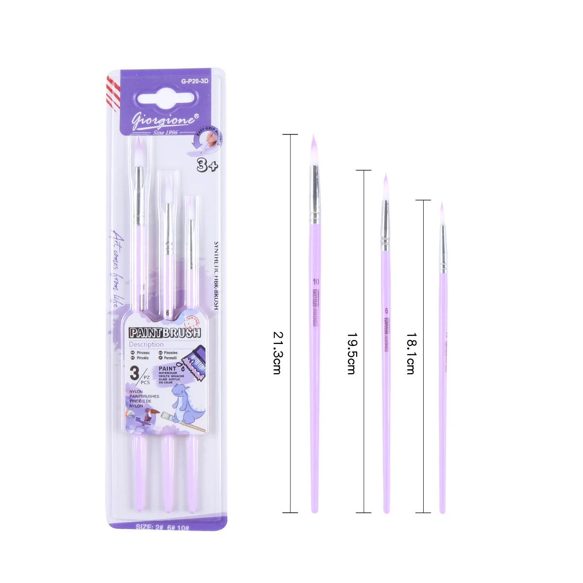 Giorgione G-P20-3D 3 Pieces Plastic Handle Nylon Hair Paintbrushes set for Acrylic Watercolor Oil Painting