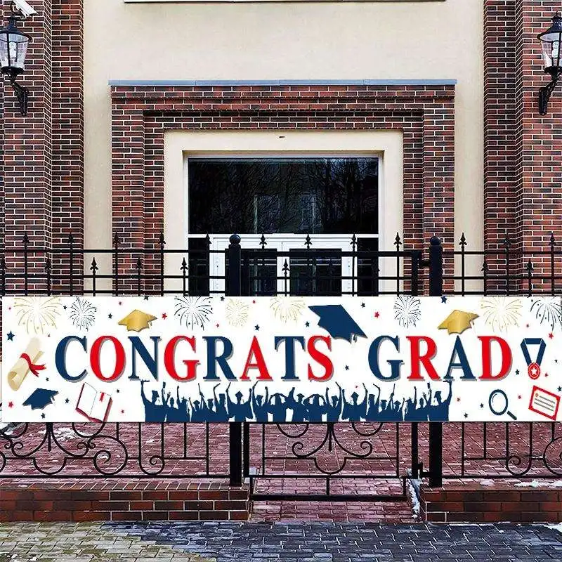 Graduation Season Theme Digital Printed 50CM x 300CM Courtyard Garden Banner Cartoon Patterned for Education